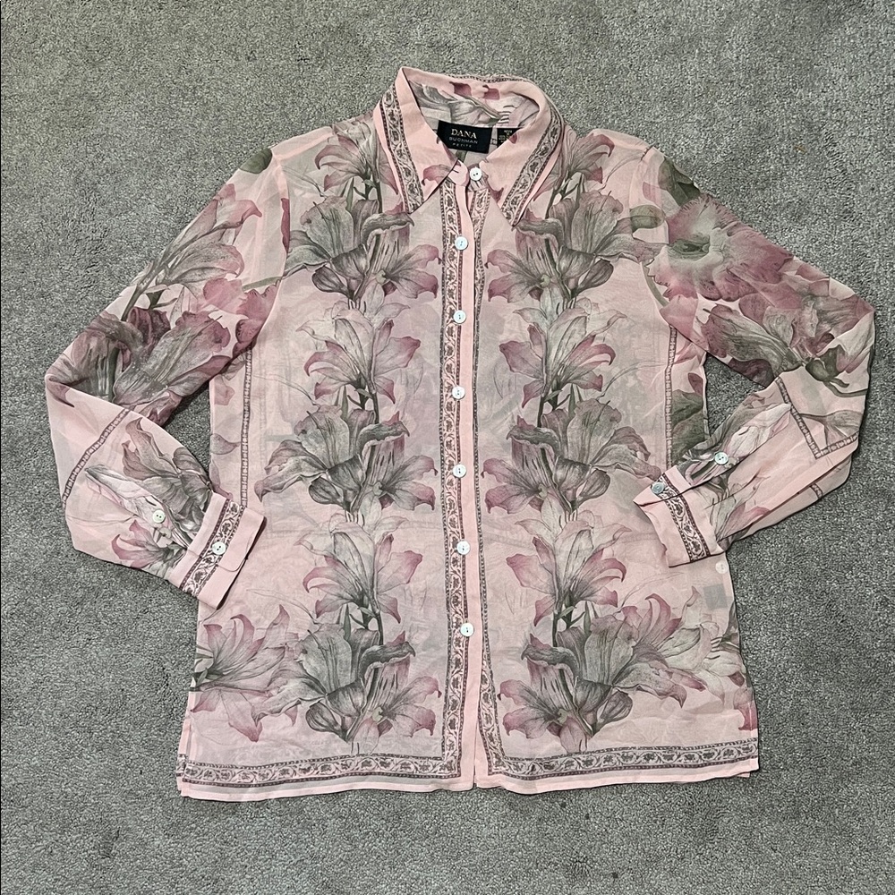 Dana Buchman Floral Grey and Pink Silk Button Down Shirt size 10 petite